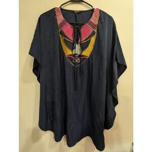 Women's Navy Pancho style blouse w/abstract embroidery at collar by west 36th, M